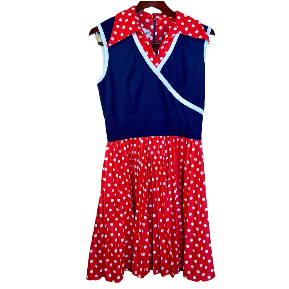 Mary Dobbs Vintage 60s Retro‎ Blue Red W/Polka Dots Midi Mod Dress 15/16 Preppy